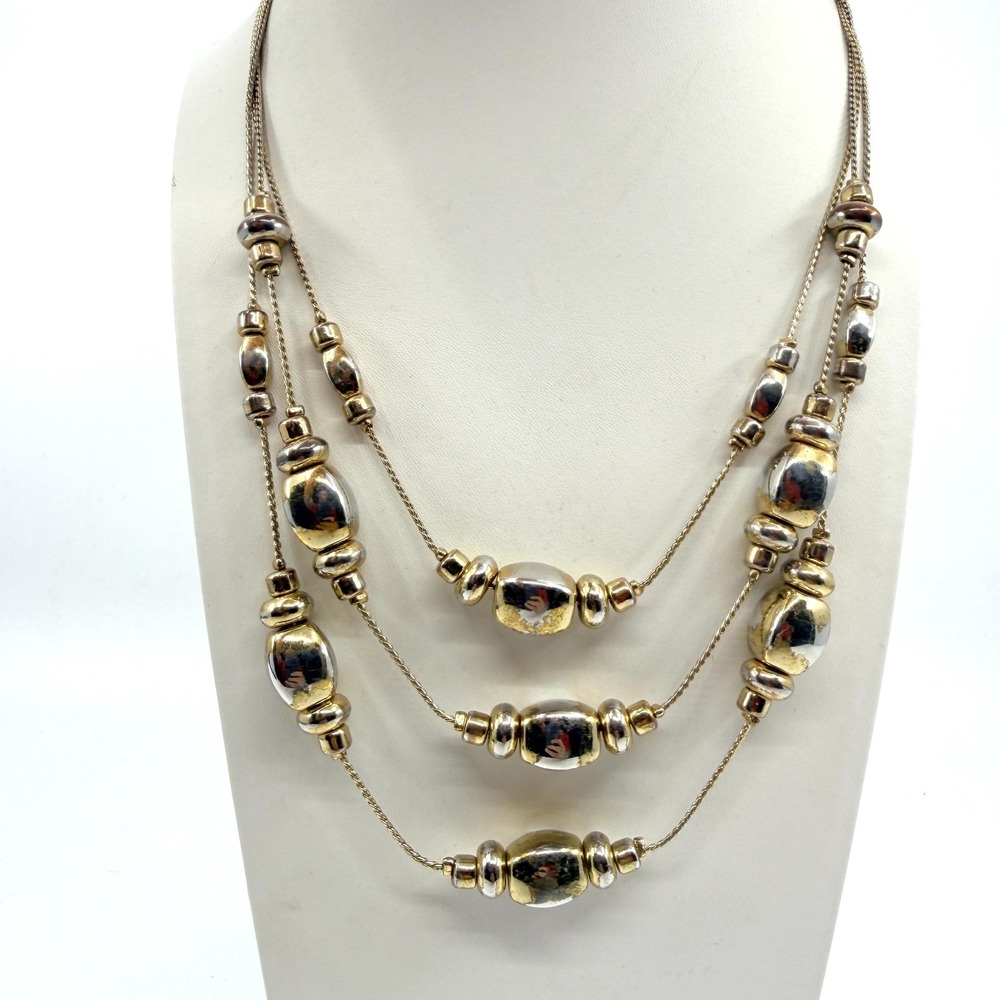 Mixed Metal Three-Strand Beaded Necklace - Gold & Silver Tone Minimalist